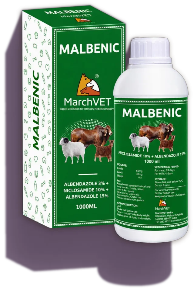 MALBENIC (ALBENDAZOLE 30MG + NICLOSAMIDE 100MG)
(ALBENDAZOLE 150MG + NICLOSAMIDE 500MG)