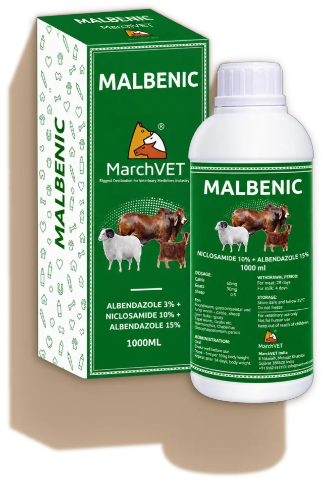 MALBENIC (ALBENDAZOLE 30MG + NICLOSAMIDE 100MG)
(ALBENDAZOLE 150MG + NICLOSAMIDE 500MG)