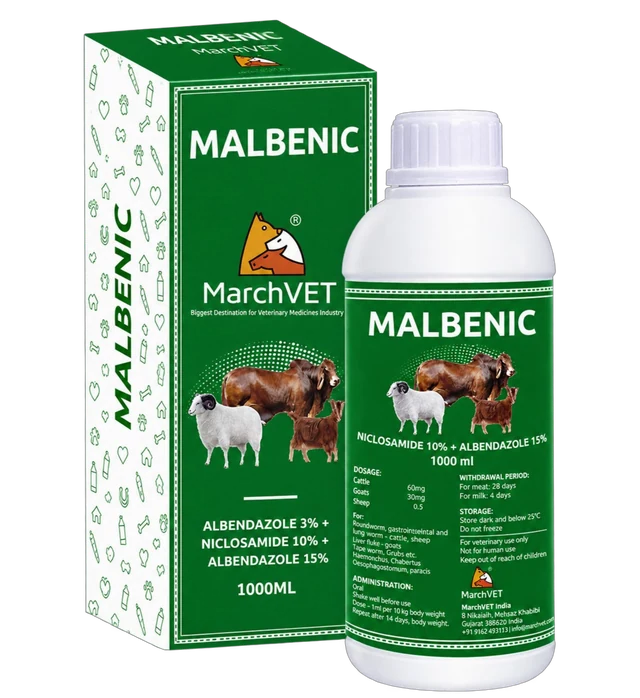 MALBENIC (ALBENDAZOLE 30MG + NICLOSAMIDE 100MG)
(ALBENDAZOLE 150MG + NICLOSAMIDE 500MG)